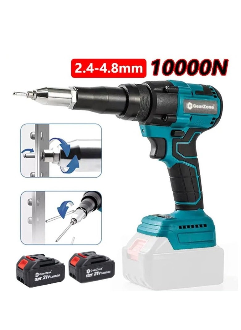 GearZone - Cordless Rivet Gun,Automatic Brushless Riveter Tool Kit for Rivets 2.4/3.2/4.0/4.8 mm,Portable 21V Electric with 2pcs Batteries for Stainless Steel, Aluminum Rivets-Blue - Image 1