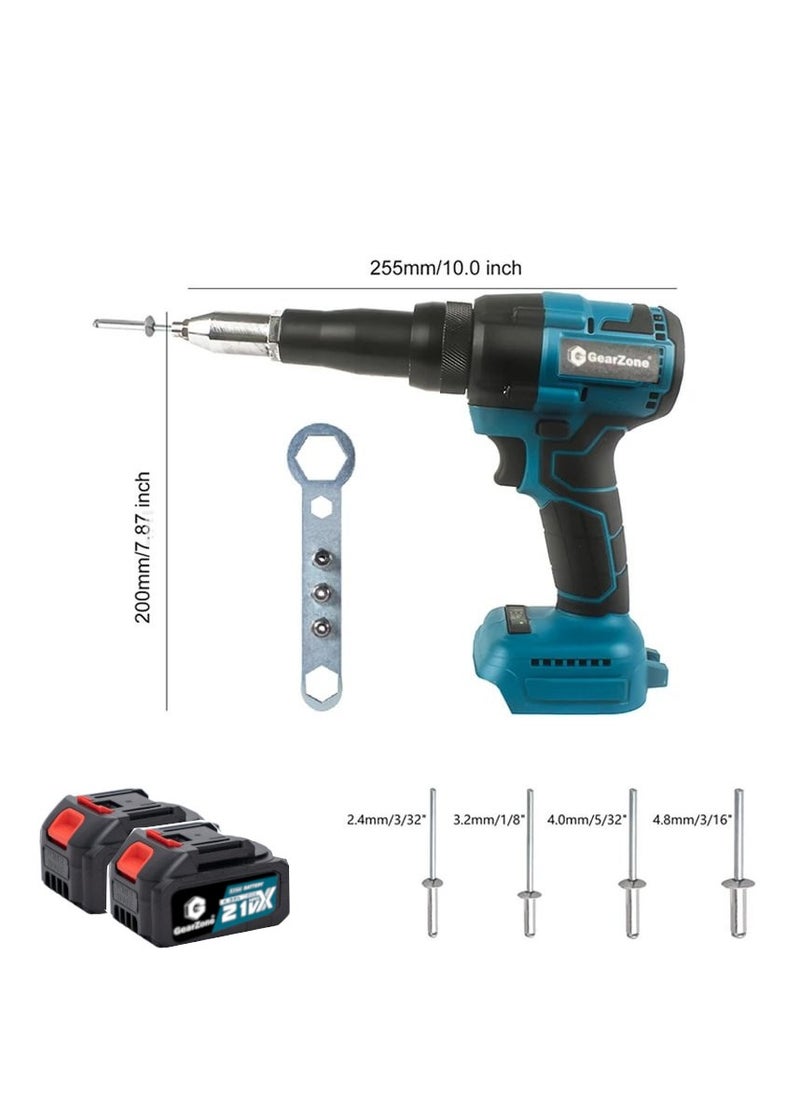 GearZone - Cordless Rivet Gun,Automatic Brushless Riveter Tool Kit for Rivets 2.4/3.2/4.0/4.8 mm,Portable 21V Electric with 2pcs Batteries for Stainless Steel, Aluminum Rivets-Blue - Image 1