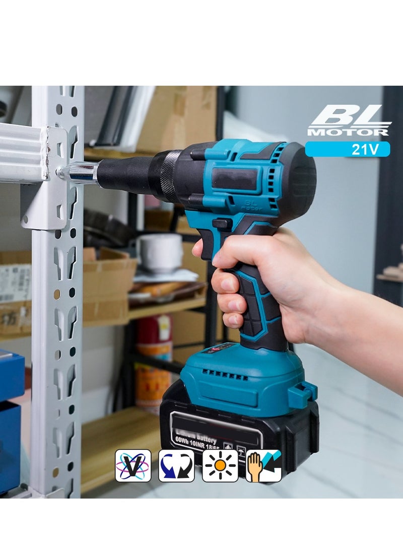 GearZone - Cordless Rivet Gun,Automatic Brushless Riveter Tool Kit for Rivets 2.4/3.2/4.0/4.8 mm,Portable 21V Electric with 2pcs Batteries for Stainless Steel, Aluminum Rivets-Blue - Image 1