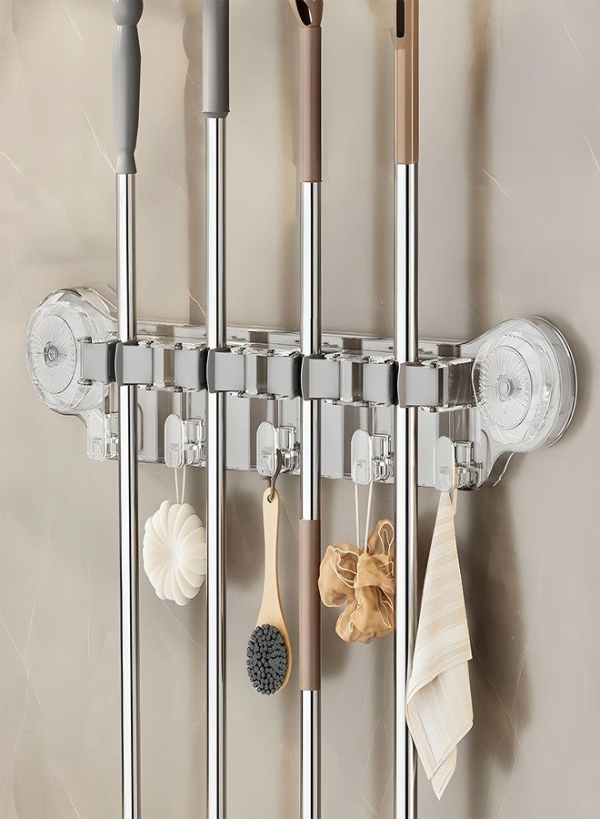 LAXIS® 5 Hooks Broom & Mop Holder Wall Mount | No Drill Suction Cup Heavy Duty Tool Organizer Rack | Multipurpose Broom Hanger for Bathroom Kitchen Garage Laundry Garden| (5 Hooks) (‎Transparent) - Image 1