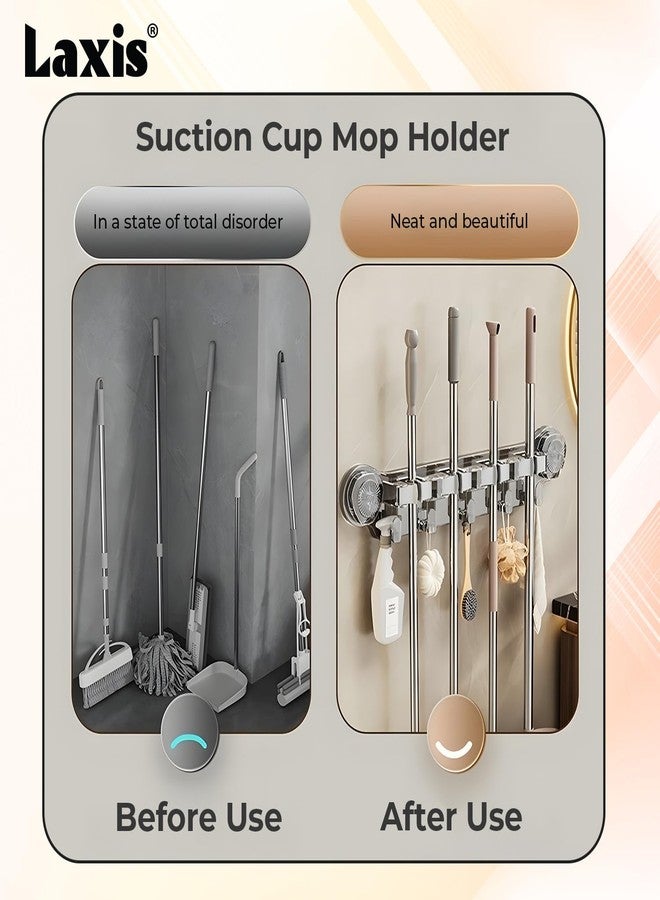 LAXIS® 5 Hooks Broom & Mop Holder Wall Mount | No Drill Suction Cup Heavy Duty Tool Organizer Rack | Multipurpose Broom Hanger for Bathroom Kitchen Garage Laundry Garden| (5 Hooks) (‎Transparent) - Image 2