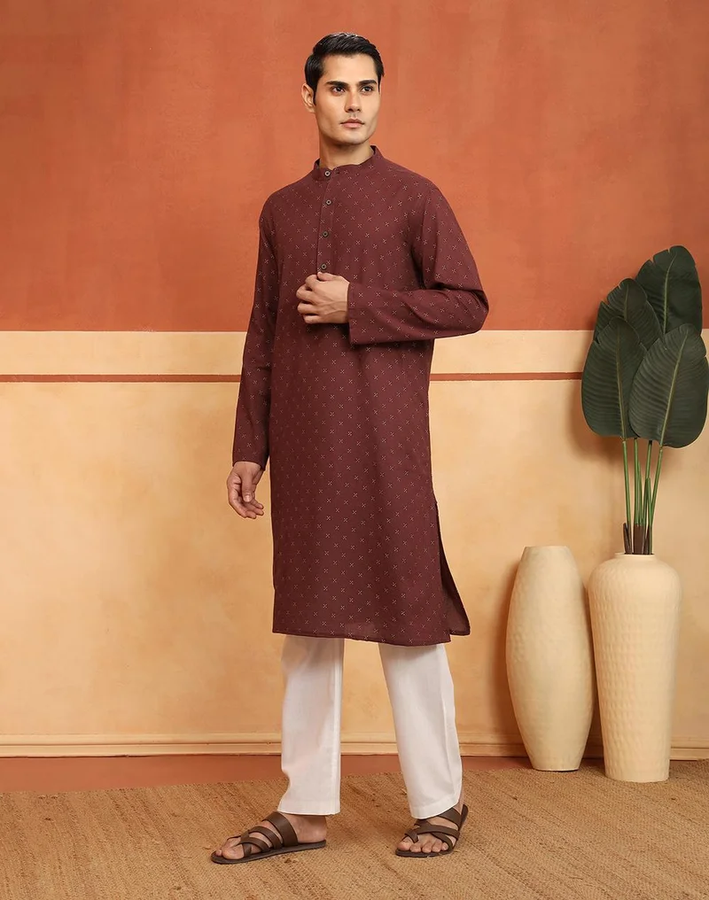 Fabindia  Brown Cotton Printed Long Kurta for Men | Best Price UAE