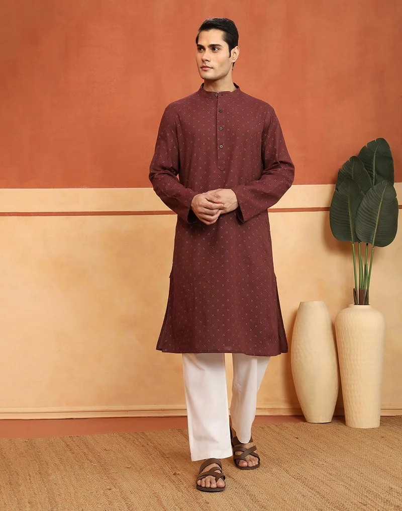 فاب انديا Brown Cotton Printed Long Kurta