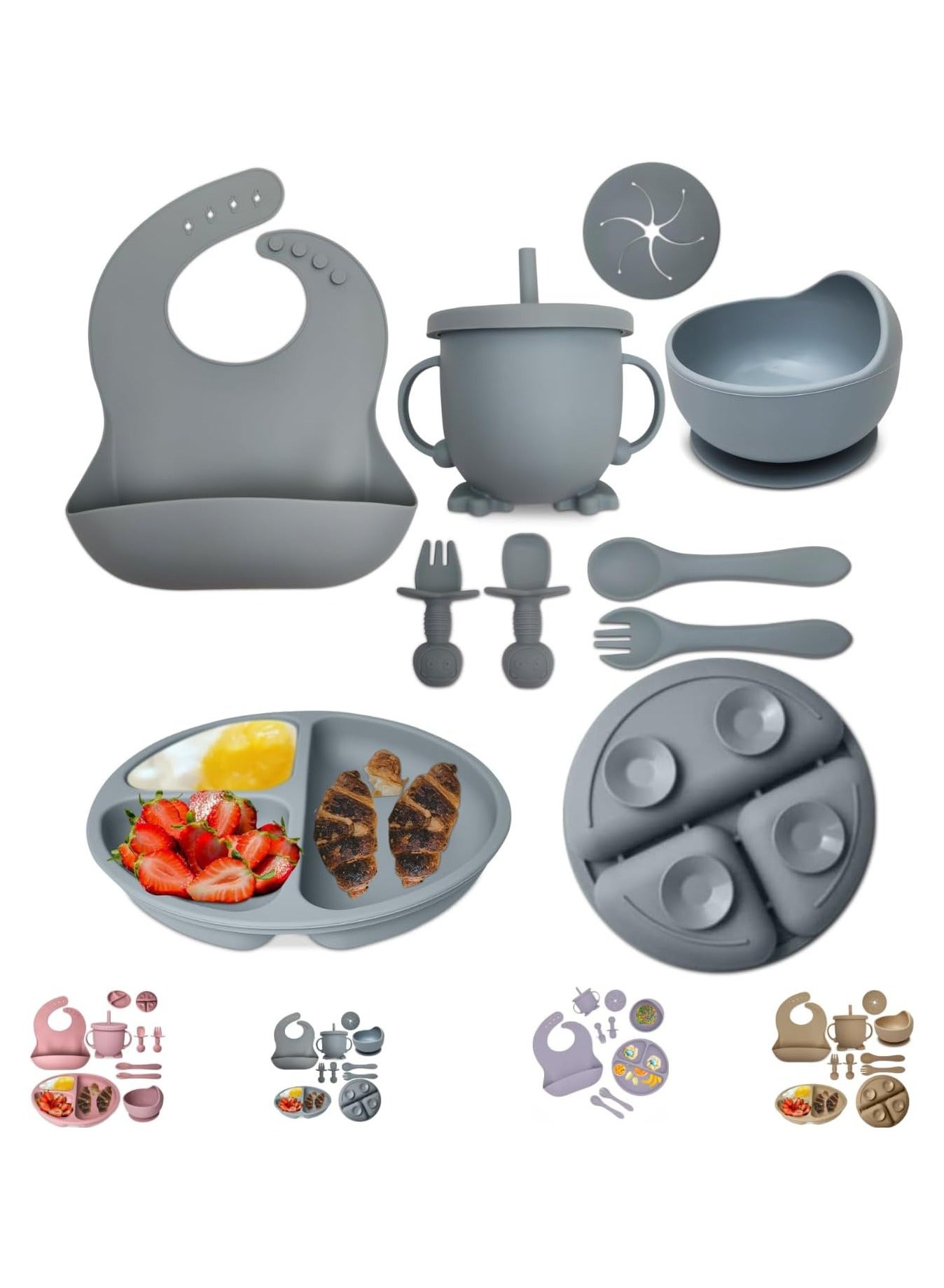 Manvik Baby Feeding Set 10-Piece | Baby Led Weaning Utensils Set Includes Suction Bowl and Plate, Baby Spoon and Fork, Sippy Cup with Straw and Lid | Baby Feeding Supplies Set (B-Blue)