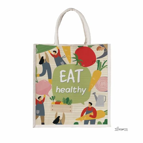 Sangra Canvas Reusable Bags for School, College, Lunch Bag for Office for Men and Women, Grocery Shopping Bag, Multi-Purpose Bag, Sturdy Handle With Zipper Lock (Pack of Two) (Eat Healthy) - Image 2