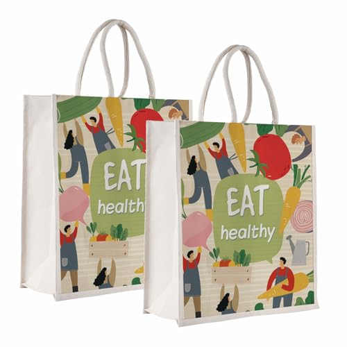 Sangra Canvas Reusable Bags for School, College, Lunch Bag for Office for Men and Women, Grocery Shopping Bag, Multi-Purpose Bag, Sturdy Handle With Zipper Lock (Pack of Two) (Eat Healthy) - Image 1