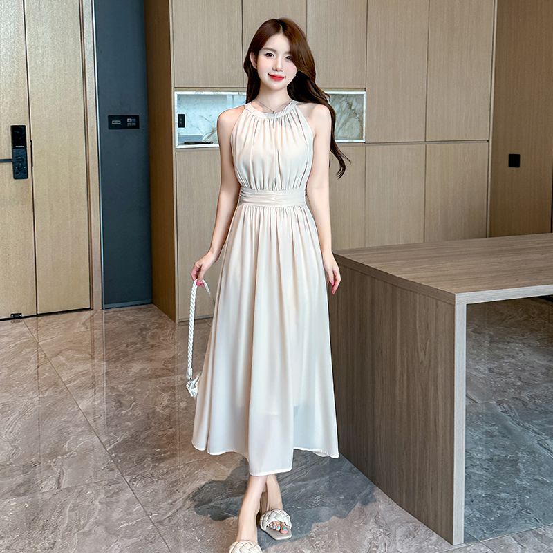Generic 2025 Korean Style Socialite Fashion Elegant Tight Waist Slimming  Chiffon Sleeveless Neck Dress Long Dress Seaside Vacation Dress | Best  Price KSA