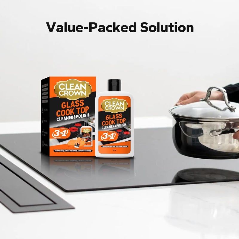 CleanCrown 3-in-1 Cooktop Cleaner Kit (19 Oz Cooktop Cleaner + Scrubbing Pad + Scraper), Stovetop Cleaner for Electric Top Stoves, Ceramic Cooktops & Fireplace Glass, Remove Burned on Food, Grease - Image 5