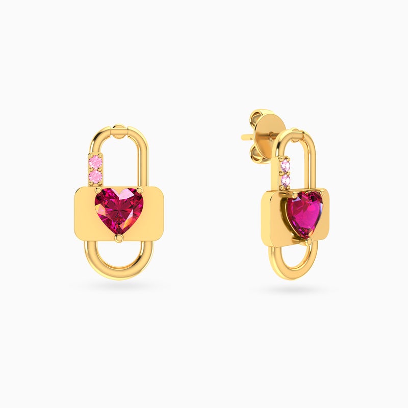 Instyle by L'azurde Lock Red Stone Stud Earrings in 14K Gold - Image 1