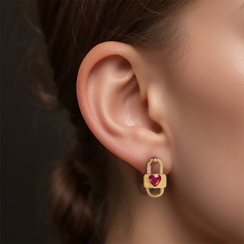 Instyle by L'azurde Lock Red Stone Stud Earrings in 14K Gold - Image 2