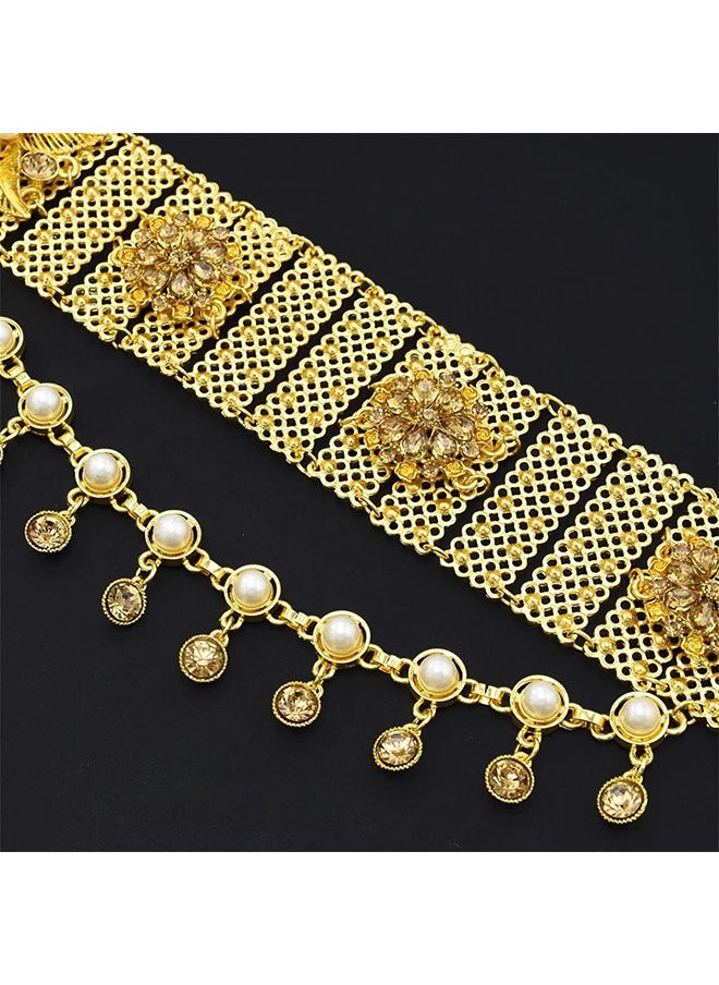 roaiss - Women's Fashion Gold Waist Chain Ethnic Style Waist Chain Pearl Tassel Flower Bohemian Wide Waist Chain - Image 1