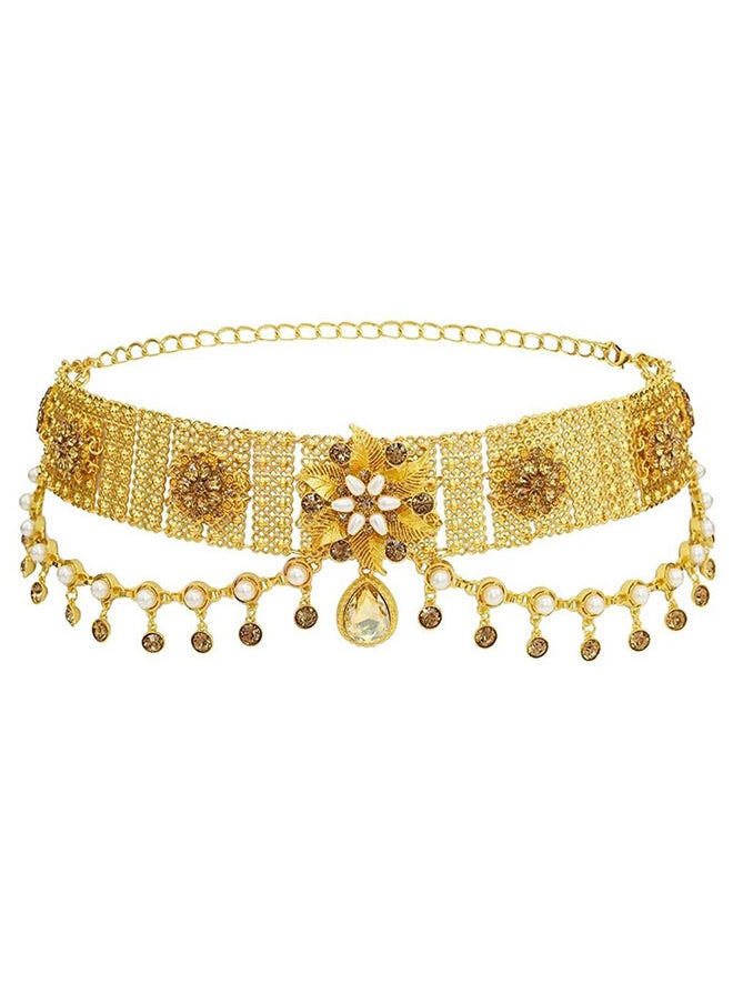 roaiss - Women's Fashion Gold Waist Chain Ethnic Style Waist Chain Pearl Tassel Flower Bohemian Wide Waist Chain - Image 1