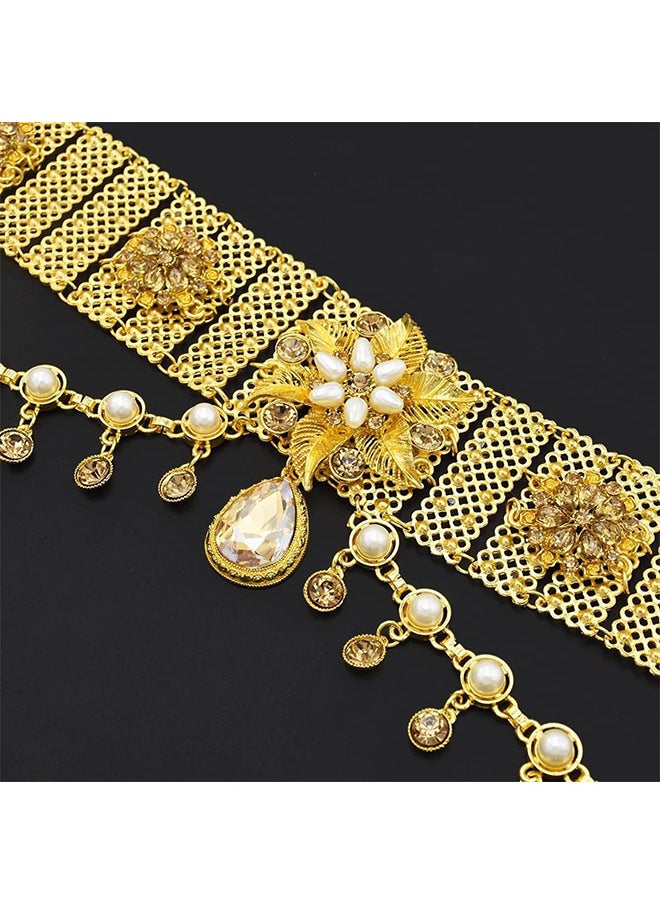 roaiss - Women's Fashion Gold Waist Chain Ethnic Style Waist Chain Pearl Tassel Flower Bohemian Wide Waist Chain - Image 1