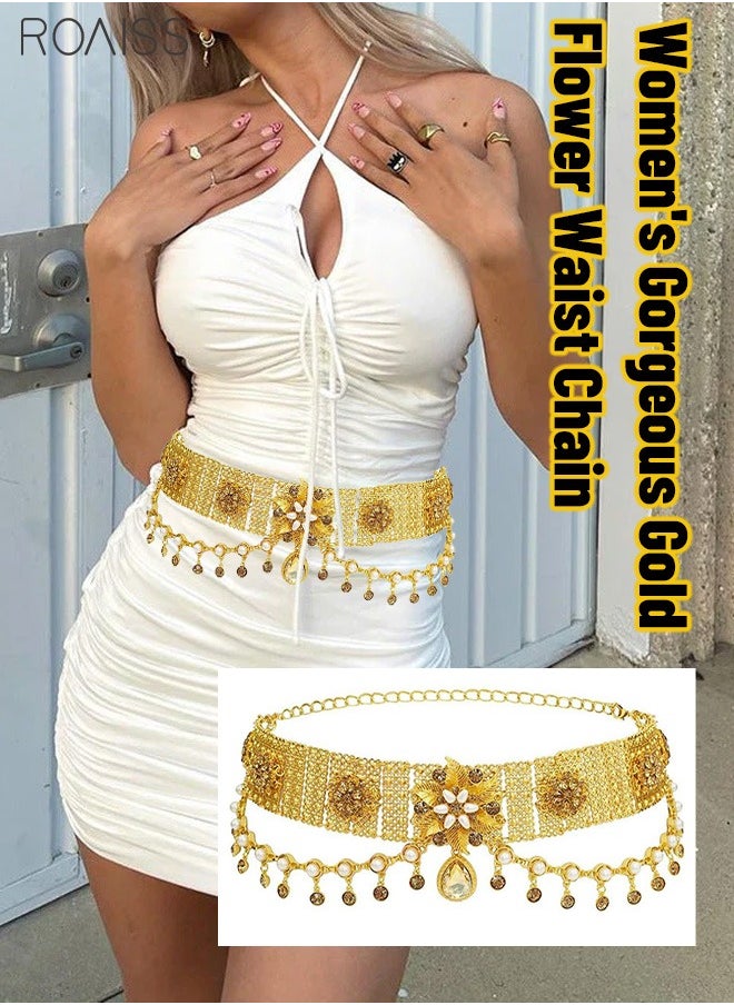 roaiss - Women's Fashion Gold Waist Chain Ethnic Style Waist Chain Pearl Tassel Flower Bohemian Wide Waist Chain - Image 1