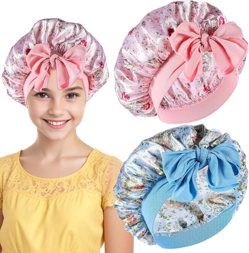Sibba 2 Pcs Silk Bonnet for Kids Soft Elastic Sleeping Cap Breathable Wide Band Colorful Shower Hats Adjustable Baby Bonnets Night Sleep Cap for Curly Natural Hair Braids