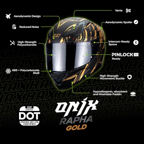 HAX Onix Full Face Motorcycle Helmets DOT Approved, Pinlock Ready & Intercom Slot , Motorbike Powersports Street Racing for Men Women（Pharaoh Matte Blk-Gld, L) - Image 2