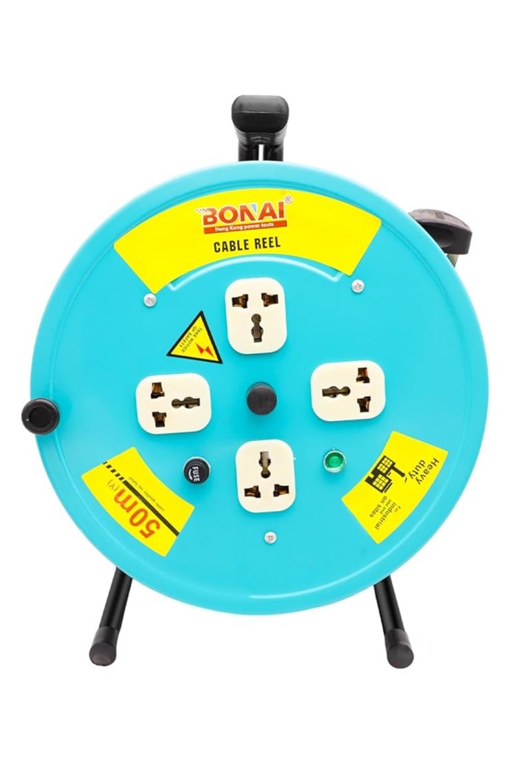 BONAI BONAI 50-Meter 2Core x 2.5mm Extension Reel with 4 Sockets and Fuse Protection: Enhance Indoor Power Distribution Naturally  - Image 1