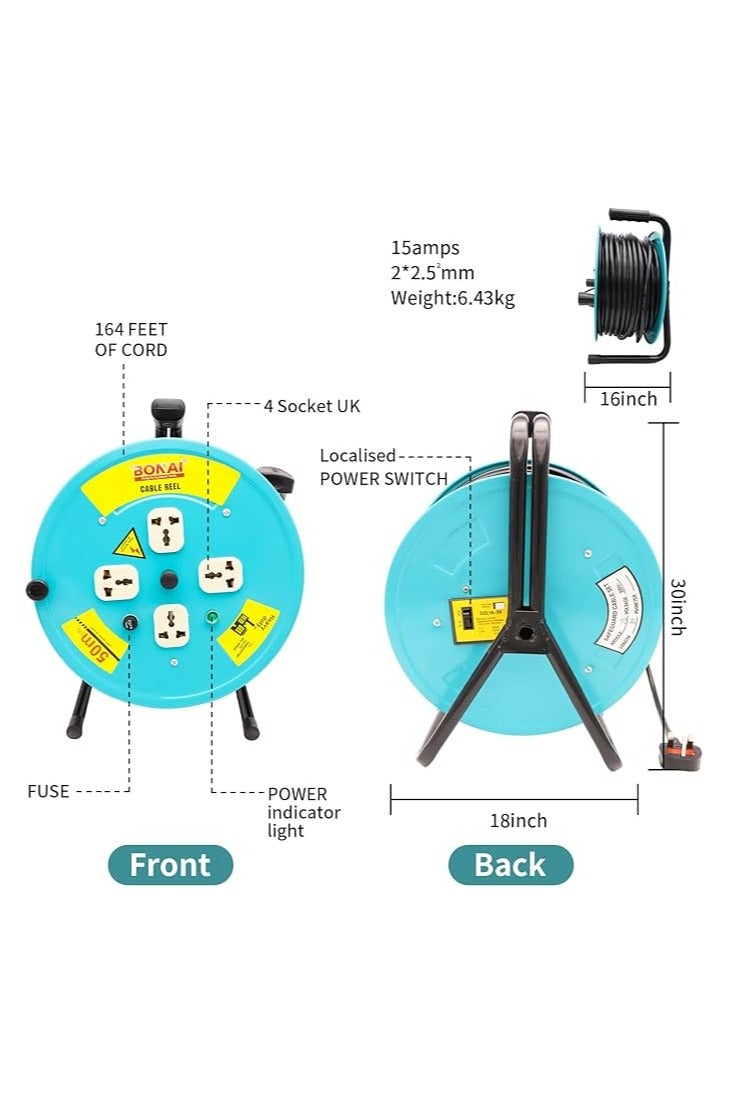 BONAI BONAI 50-Meter 2Core x 2.5mm Extension Reel with 4 Sockets and Fuse Protection: Enhance Indoor Power Distribution Naturally  - Image 3