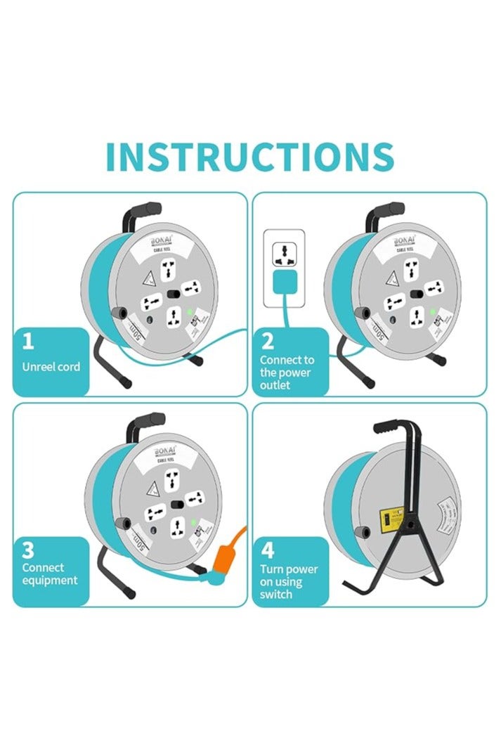 BONAI BONAI 50-Meter 2Core x 2.5mm Extension Reel with 4 Sockets and Fuse Protection: Enhance Indoor Power Distribution Naturally  - Image 4