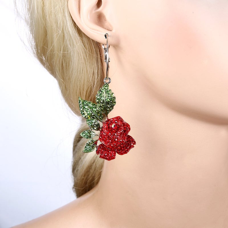 EVER FAITH Red Rose Flower Hook Earrings Austrian Crystal Silver-Tone - Image 2