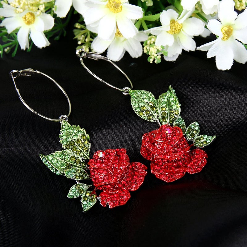 EVER FAITH Red Rose Flower Hook Earrings Austrian Crystal Silver-Tone - Image 3