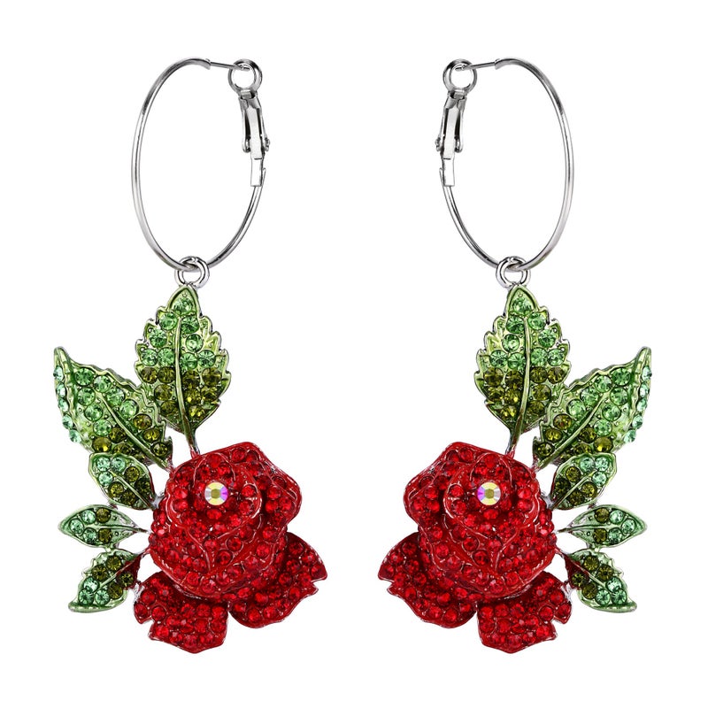 EVER FAITH Red Rose Flower Hook Earrings Austrian Crystal Silver-Tone - Image 1