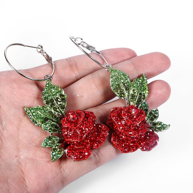 EVER FAITH Red Rose Flower Hook Earrings Austrian Crystal Silver-Tone - Image 5
