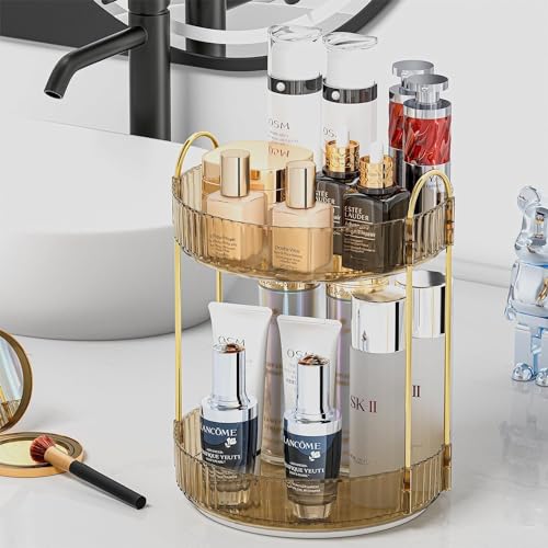 Topinon 360° Rotating Makeup Organizer Bathroom Make Up Spinning Holder Rack, Large Capacity Cosmetics Storage Vanity Shelf Countertop, Fits Cosmetics, Perfume Skincare Lipsticks (2 Tier, Amber) - Image 2