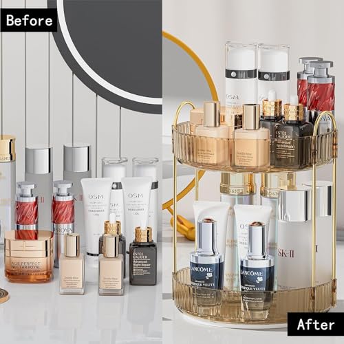 Topinon 360° Rotating Makeup Organizer Bathroom Make Up Spinning Holder Rack, Large Capacity Cosmetics Storage Vanity Shelf Countertop, Fits Cosmetics, Perfume Skincare Lipsticks (2 Tier, Amber) - Image 4