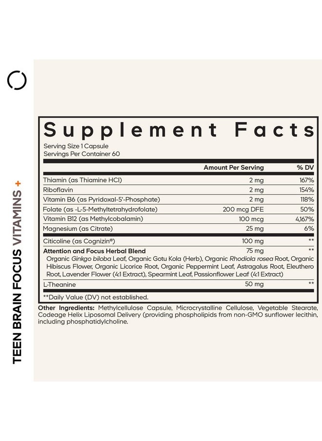 Codeage Codeage Teen Brain Focus Vitamins+ Citicoline Cognizin, L-Theanine, Ginkgo, Rhodiola, Lavender, Magnesium, Vitamin B6, B12, Folate - 2-Month Supply - 12-18 Years - Liposomal Supplement - 60 Capsules  - Image 2