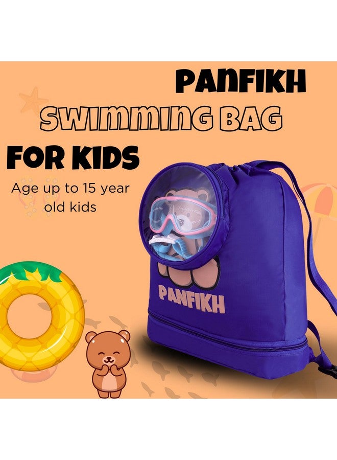 PANFIKH حقيبة سباحة بانفيخ للأطفال للبنات والأولاد مع إغلاق بسحب الحبل لملحقات السباحة حقيبة ظهر صغيرة للأبطال بعمر 8 إلى 13 سنة (زرقاء) - Image 2