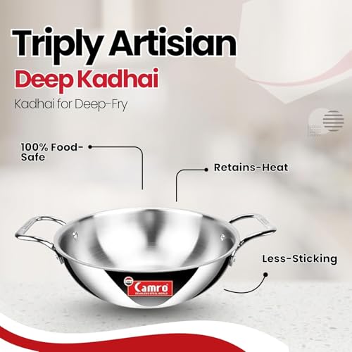 Camro Triply Artisian Kadhai 22 Cm, 1.8 Liters | Kadhai for Deep Frying | Kadhai Induction Base | Kadai for Cooking | Induction Friendly Dishwasher Safe - Image 4