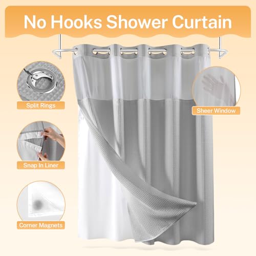 River Dream Gray Fabric Shower Curtain Set, Cotton Blend, Waffle Weave, with Snap in Replacement Liner，71 x 74 inches - Image 4