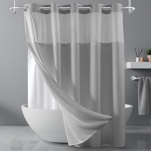 River Dream Gray Fabric Shower Curtain Set, Cotton Blend, Waffle Weave, with Snap in Replacement Liner，71 x 74 inches - Image 1