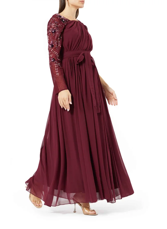 امري Asymmetric Sleeve Embellished Chiffon Gown