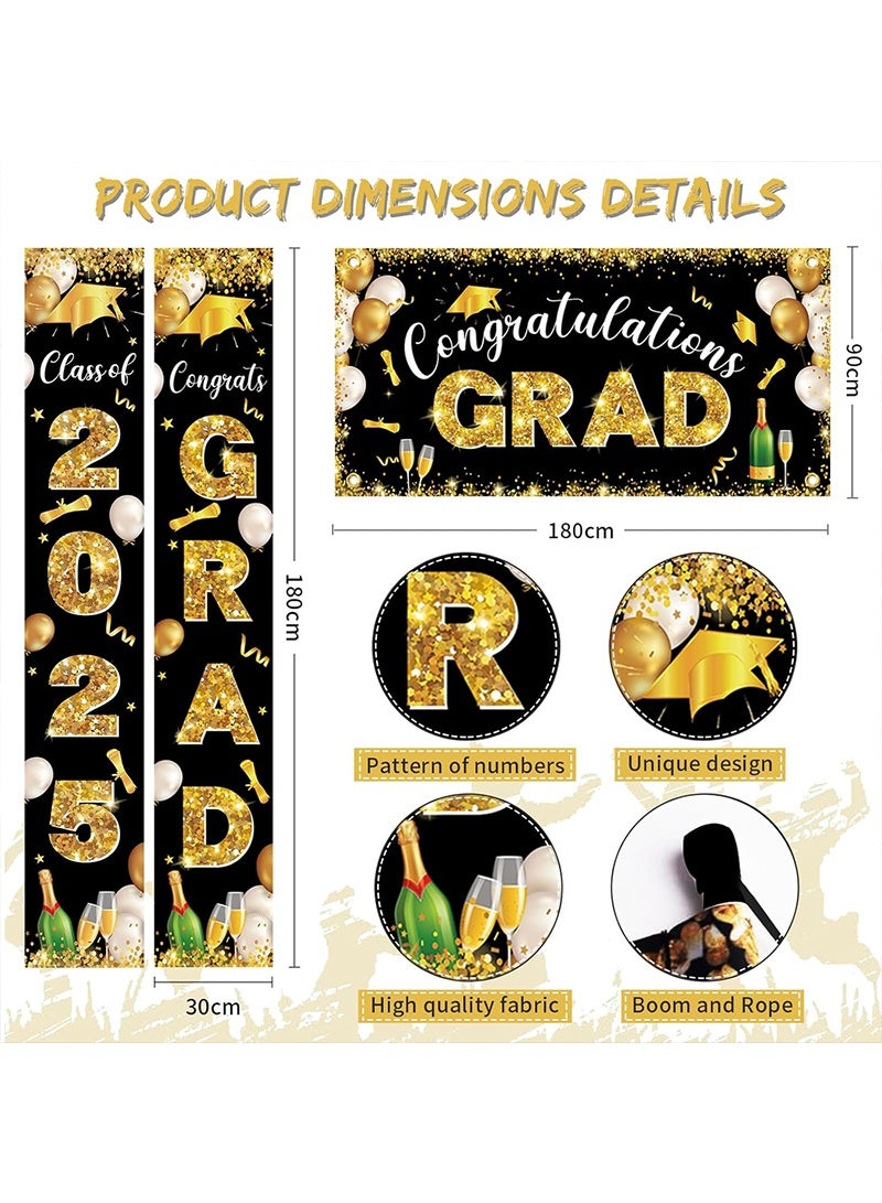Yoawllty 2025 Graduation Decoration Banner, Congrats Grad Porch Banner Background for School, Perfect for Graduation Party Decoration(Black Gold) - Image 3
