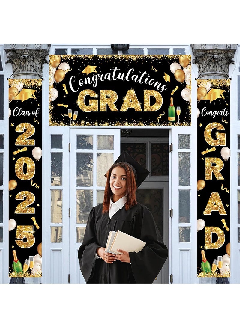 Yoawllty 2025 Graduation Decoration Banner, Congrats Grad Porch Banner Background for School, Perfect for Graduation Party Decoration(Black Gold) - Image 1