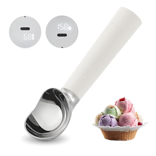 Heated Ice Cream Scoop Rechargeable Electric Warming Ice Cream Scooper with LED Display Heats to 158F for Hard Ice Cream Easy for Seniors Kids IP67 Waterproof White 2 oz