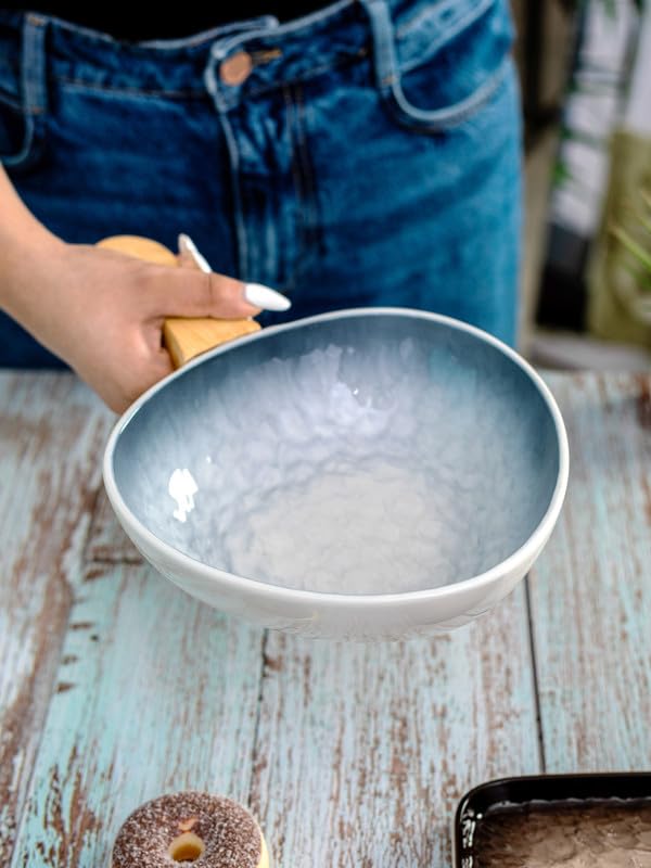 White gold Porcelain Serving Bowl with Wooden Handle WG1712BLUE - Image 3