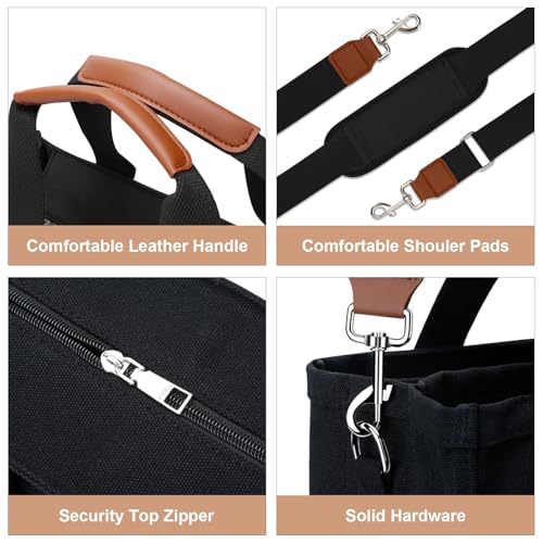 KKXIU Canvas Tote Bag for Women with Zipper and Compartments Crossbody Large Bible Messenger Purse Bag With Pockets - Black - Image 5