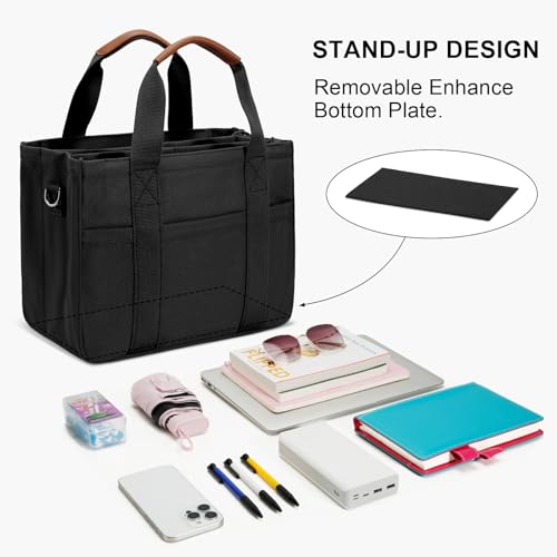 KKXIU Canvas Tote Bag for Women with Zipper and Compartments Crossbody Large Bible Messenger Purse Bag With Pockets - Black - Image 4