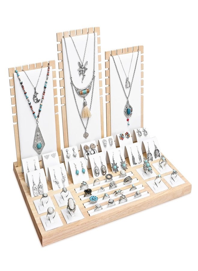 MOOCA Wooden Jewelry Display Stand Set - Versatile, Removable Organizer for Rings, Earrings, Necklaces & Pendants | Natural Wood Design with Faux Leather Trim, White Color - Image 1