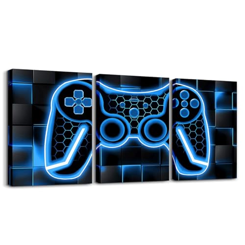 Feelyou Gamer Canvas Wall Art Gaming Bathroom Wall Art for Home Decor 12x16 3 Piece for Teens Bedroom Decor Lighting Honeycomb Office Wall Artwork Posters Blue and Black Geometric Wall Painting - Image 1