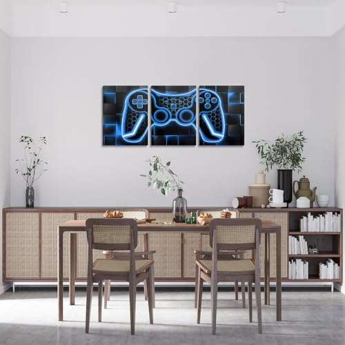 Feelyou Gamer Canvas Wall Art Gaming Bathroom Wall Art for Home Decor 12x16 3 Piece for Teens Bedroom Decor Lighting Honeycomb Office Wall Artwork Posters Blue and Black Geometric Wall Painting - Image 3