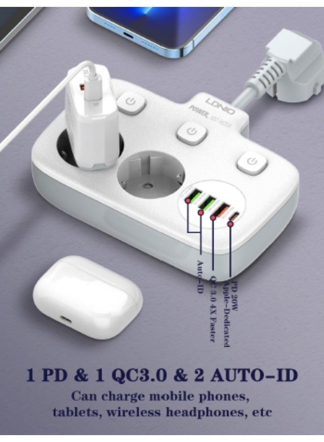LDNIO SE2435 Portable Electrical Extension Socket with 2 EU AC Outlets 20W PD Fast Charging USB Power Strip Cube High-Quality Build - Image 3