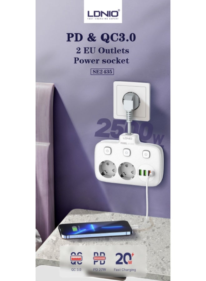 LDNIO SE2435 Portable Electrical Extension Socket with 2 EU AC Outlets 20W PD Fast Charging USB Power Strip Cube High-Quality Build - Image 1
