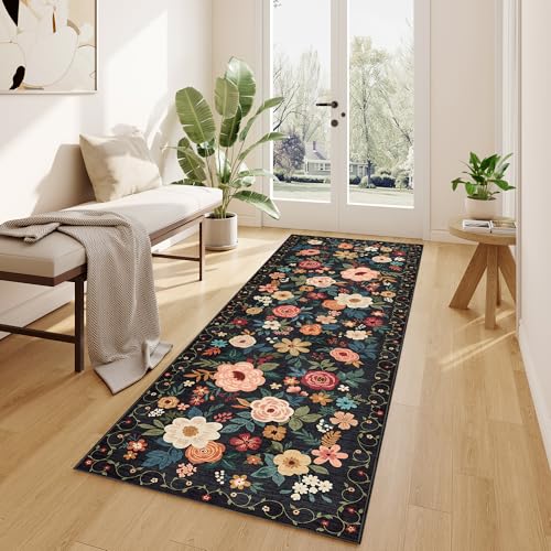 DUKINO Runner Rug, 2.6x8 Kitchen Rugs for Hallway with Non Slip Backing, Washable Low Pile Soft Boho Floral Runner Carpet for Hallway, Kitchen, Entryway, Laundry, Bedroom, Black - Image 3