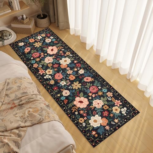 DUKINO Runner Rug, 2.6x8 Kitchen Rugs for Hallway with Non Slip Backing, Washable Low Pile Soft Boho Floral Runner Carpet for Hallway, Kitchen, Entryway, Laundry, Bedroom, Black - Image 2