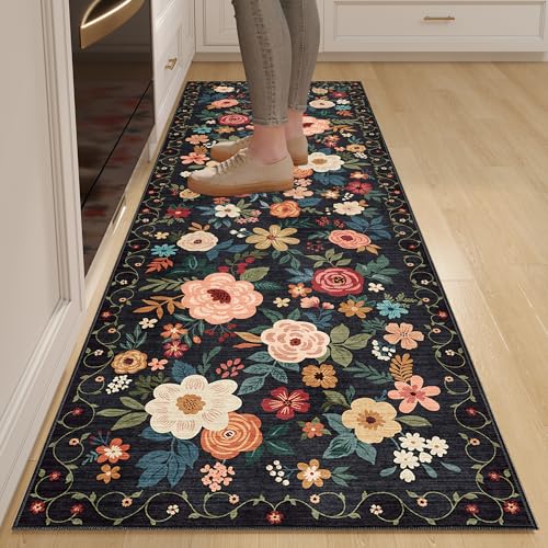 DUKINO Runner Rug, 2.6x8 Kitchen Rugs for Hallway with Non Slip Backing, Washable Low Pile Soft Boho Floral Runner Carpet for Hallway, Kitchen, Entryway, Laundry, Bedroom, Black - Image 1