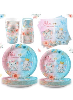 Gender Reveal Decorations Watercolor Elephant Blue Pink Plates Napkins Boy Girl He She What Will Baby Be Baby Shower Supplies, Gender Reveal Tableware Sets Cups for 16 Guests